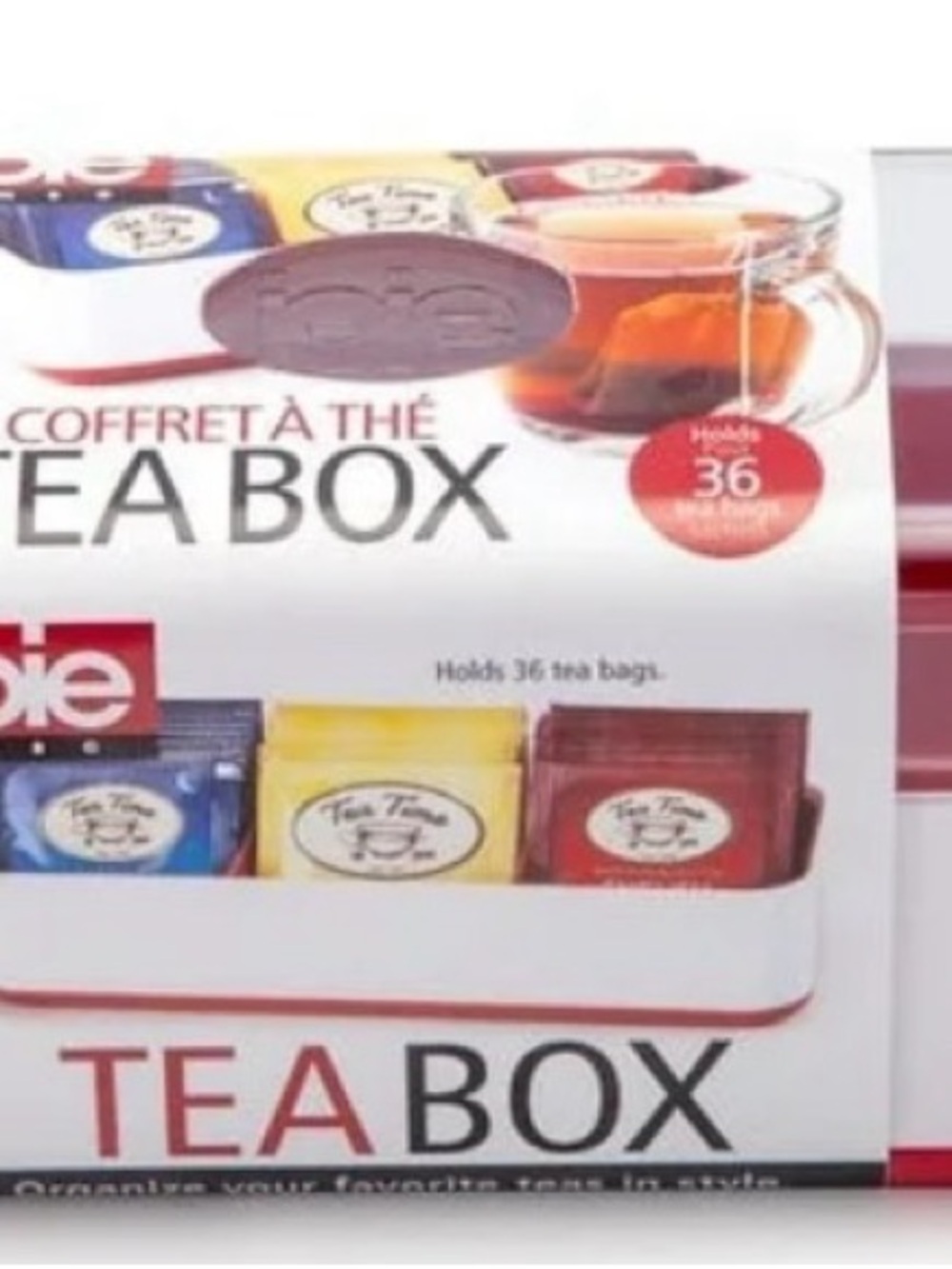 Joie Tea Box Organizer in White with Red Accents Joie tea box holds 60 tea bags.
